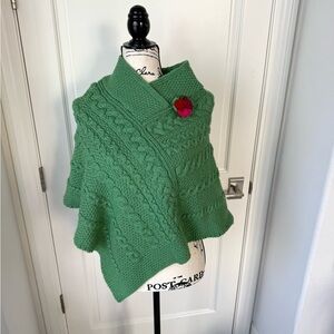 Aran Sweater Market Marl Green Cable Knit  Poncho Cape Merino Wool